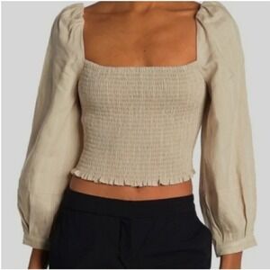 Derek Lam 10 Crosby Women'sLinen Blend Puffy‎ Sleeve Striped Smocked Blouse Sz 4